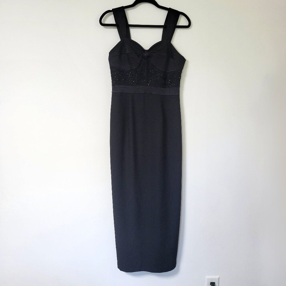 Vintage 90s Night Studio New York Black Beaded Bodice Cocktail Midi Dress